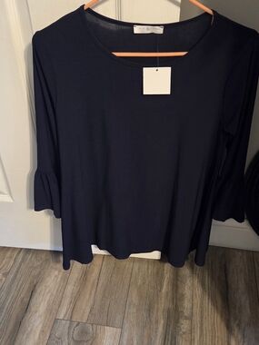 Women’s Navy Bell-Sleeve Blouse - Classic Scoop Neck